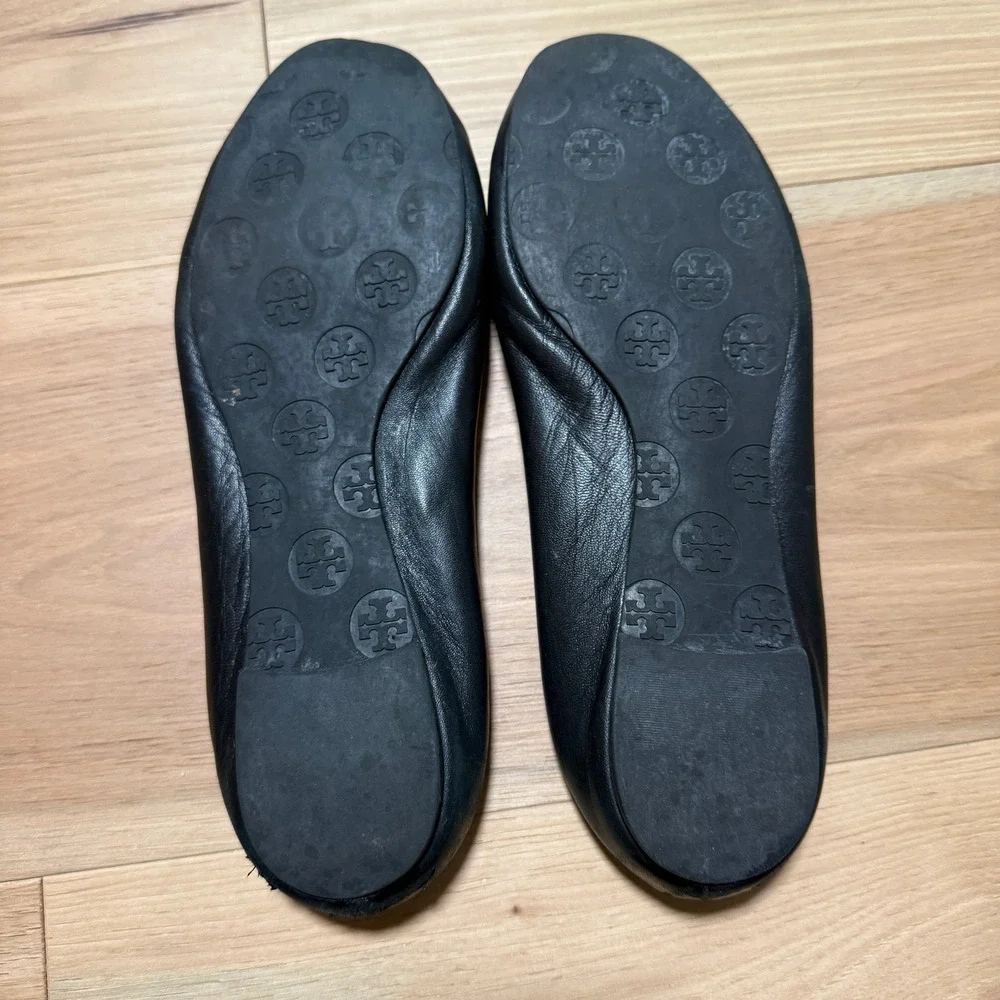 Tory Burch Minnie Travel Ballet Flats Womens 9.5 Black Gold Logo Medallion